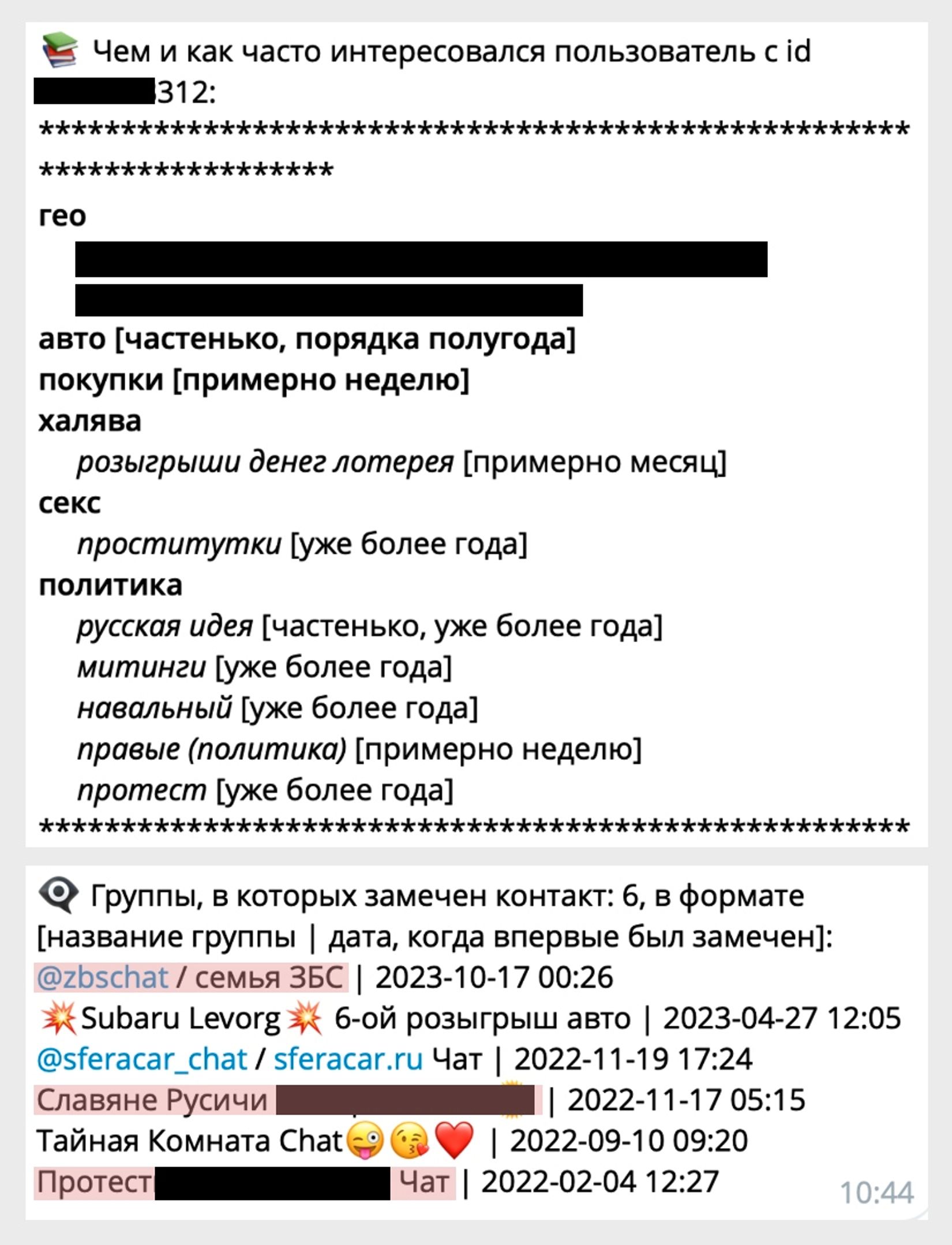 Интересы и некоторые чаты, в которых состоял полицейский, звонивший Александру. Выделены чаты протестной и националистической тематики