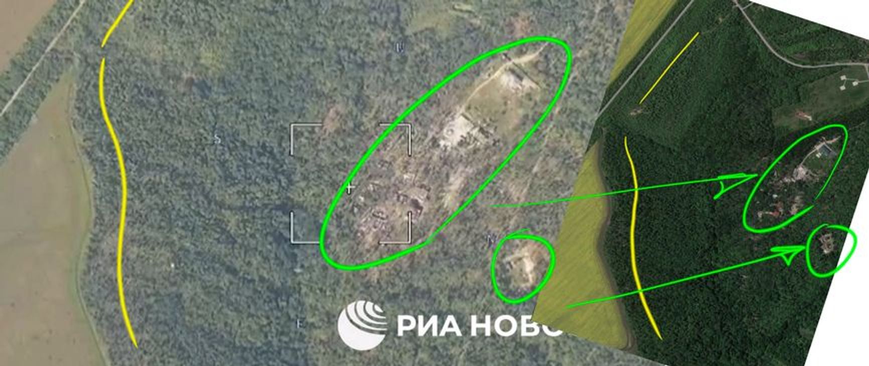 On the left is a screenshot of the Defense Ministry's video about a strike on Ukrainian forces “in the border region of Kursk Oblast.” On the right is a map of a location in Chasiv Yar, Donetsk Oblast, Ukraine.